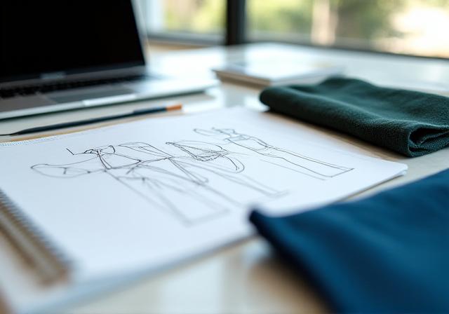 Professional textile consulting environment showing fabric swatches and design plans